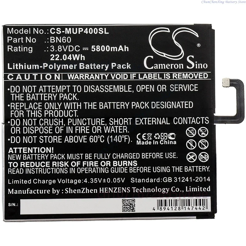 3.8V 5800mAh Tablet Battery BN60 for Xiaomi Mi Pad 4, Mi Pad 4 WiFi, M1806D9W, M1806D9E, Clover +TOOLS KIT