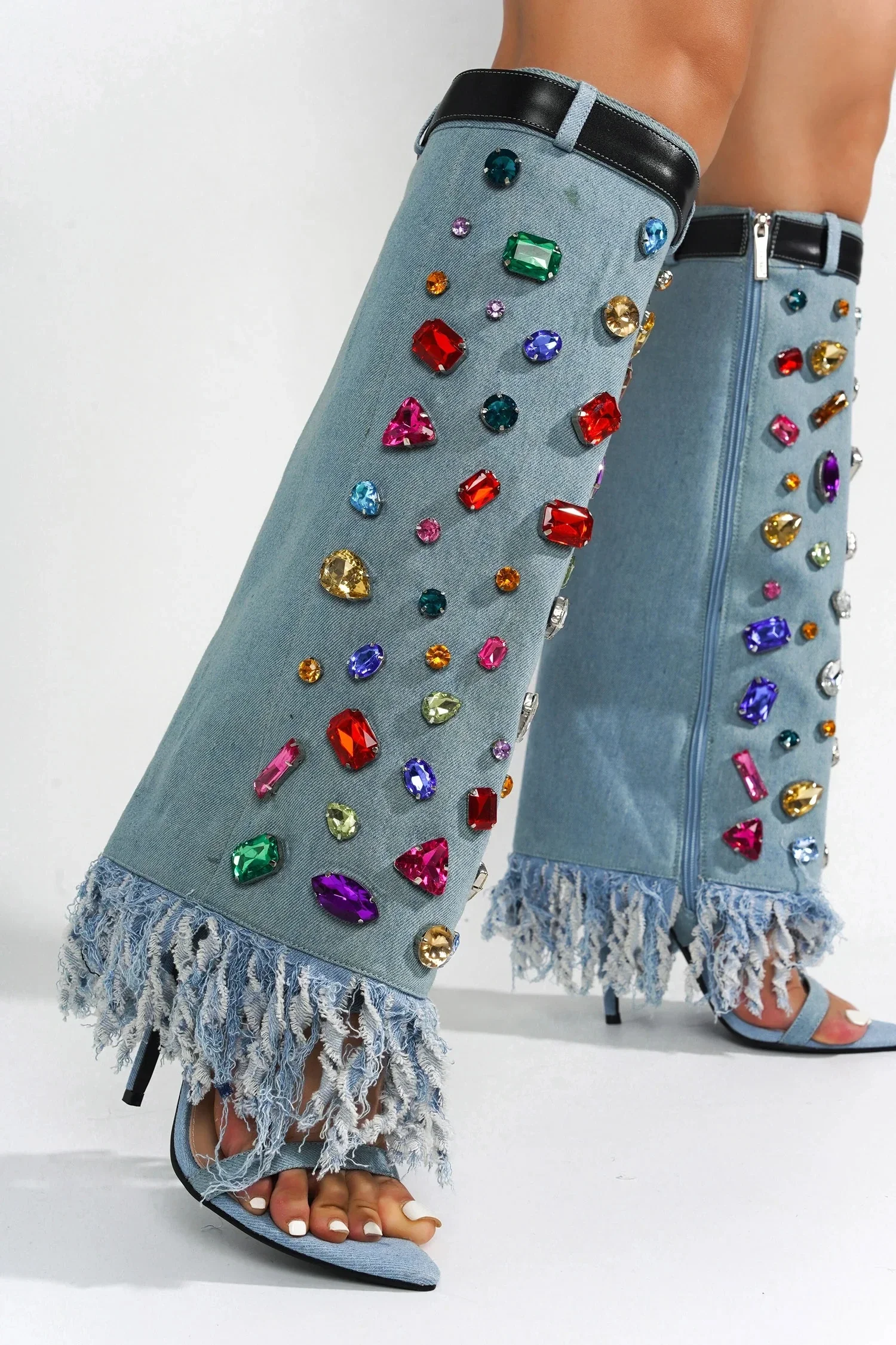 

﻿ Pointed-Toe Open-Toe High-Heel Sandals Fashion Denim Fringe Detailing and Colorful Gem Women's Knee-High Boots
