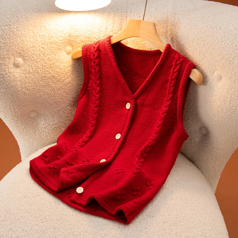 

New V-neck Three-dimensional Pattern Button Vest Women's 100% Cashmere Versatile Fashion Sweater Autumn Winter Warm Knitted Vest