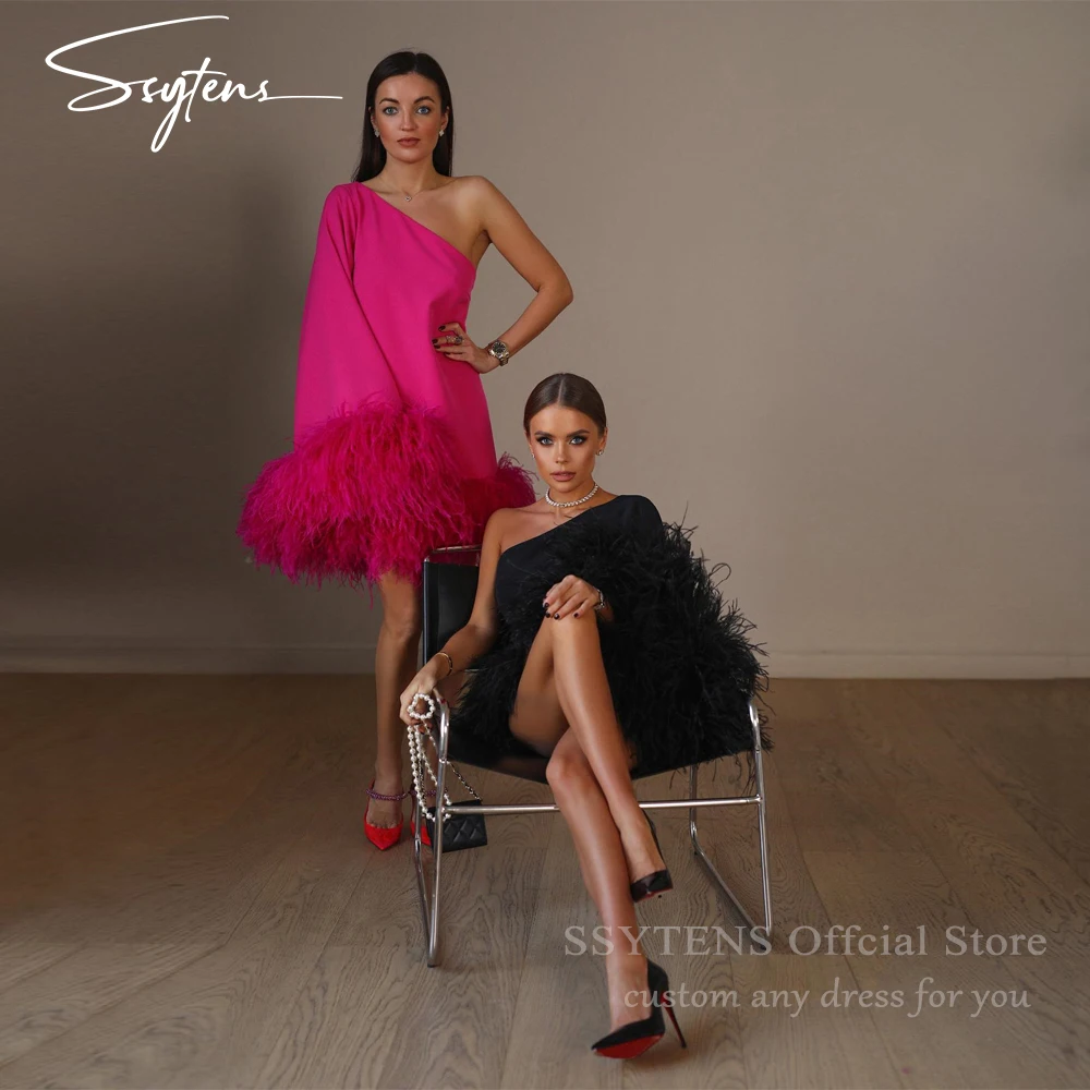 

SSYTENS Short One Shoulder Evening Dress Feather Saudi Satin Long Sleeve Prom Gown Mini Luxury Formal Occasion Dress Customized