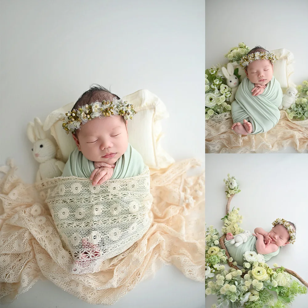 ボヘミアン風花柄新生児写真撮影用小道具セット-ベビーラップ-花柄ヘッドバンド-レースブランケット-花柄装飾小道具-幼児スタジオ写真撮影用