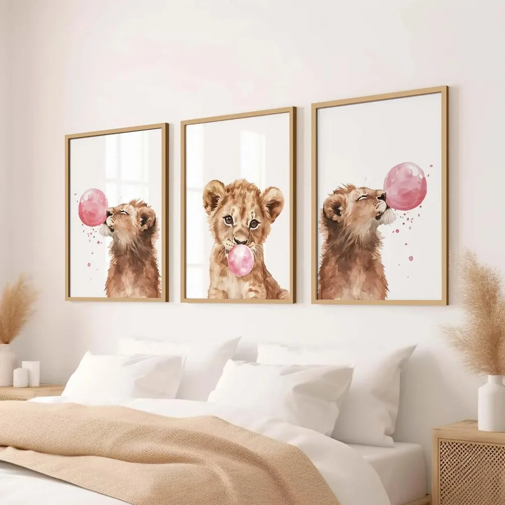 Lion Cub Nursery Wall Art Set Baby Animal Prints Bubble Gum Safari Theme Framed Posters Kids Room Decor Woodland Jungle Baby