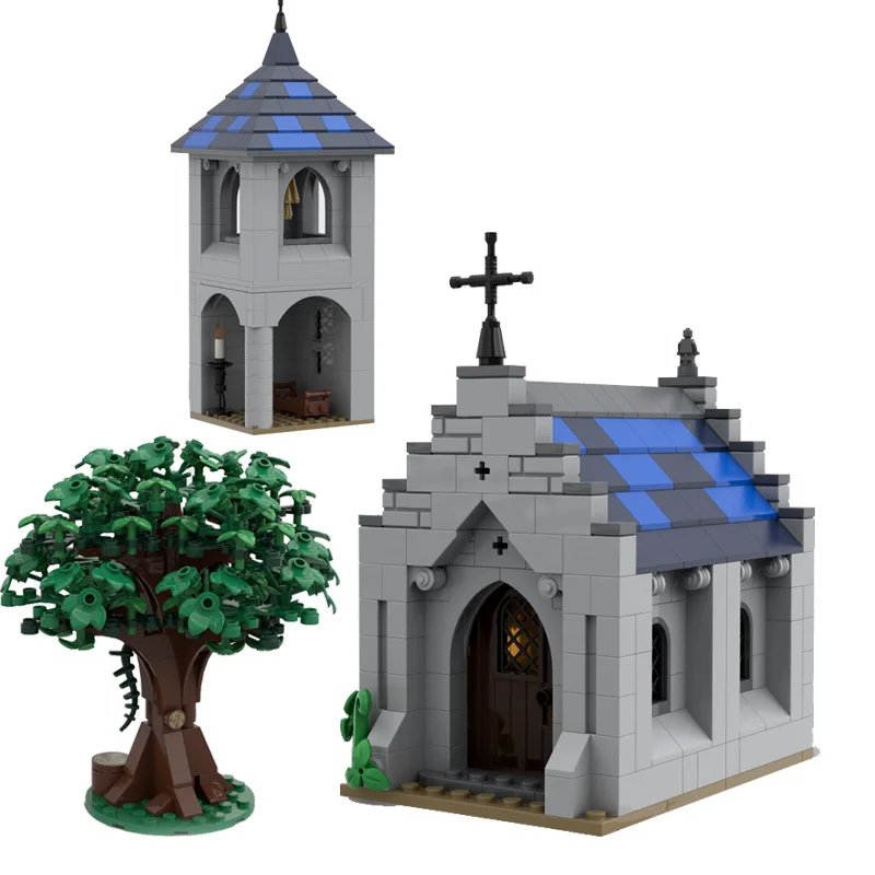 Juego de bloques de construcción MOC personalizados, modelo de árbol y capilla Medieval en miniatura, Kit de montaje creativo DIY para entusiastas de la arquitectura