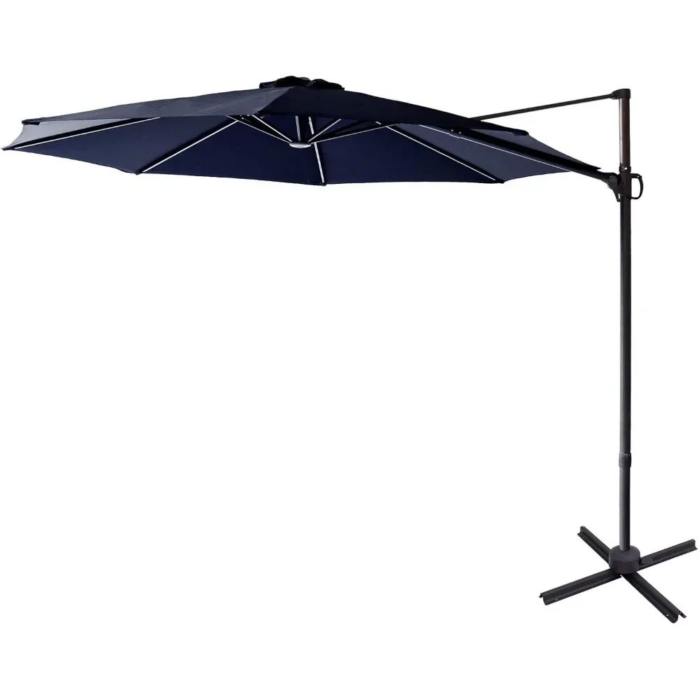 

10 foot cantilevered offset outdoor terrace sunshade with base bracket, rotatable and tilting terrace umbrella stand and base