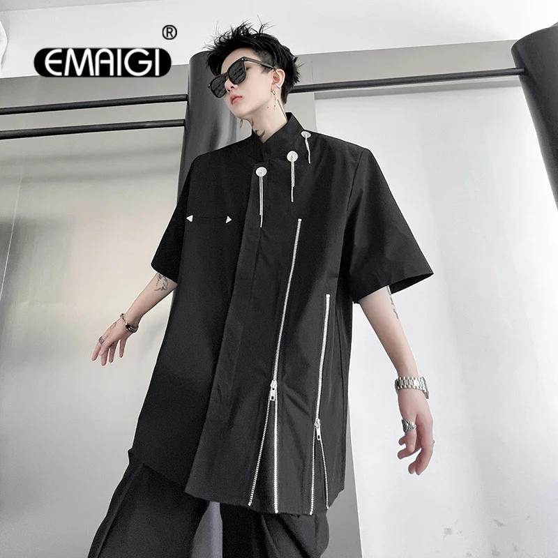 

Stand Collar Shirt Men Short Sleeve Niche Zipper Shoulder Pad Loose Casual Streetwear Hip Hop Shirts Japanese Fashion Man Shirt