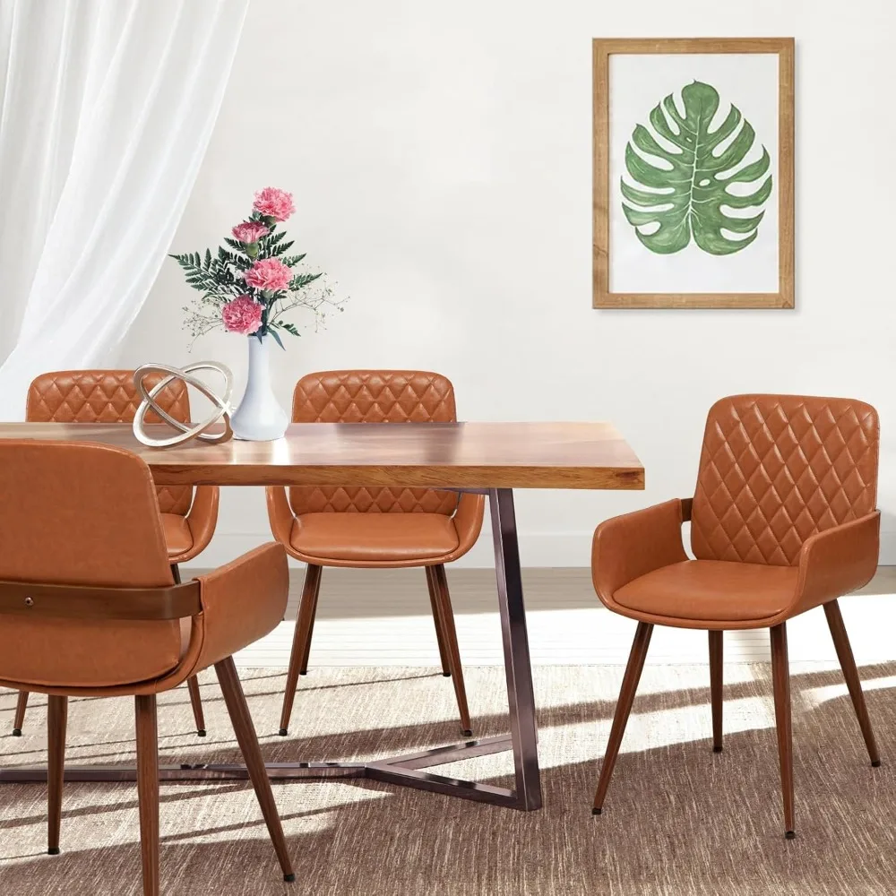 

Mid Century Modern Faux Leather Dining Chairs Set of 4,Orange Upholstered Seat,Metal Legs Kitchen Chair,Adjustable Foot