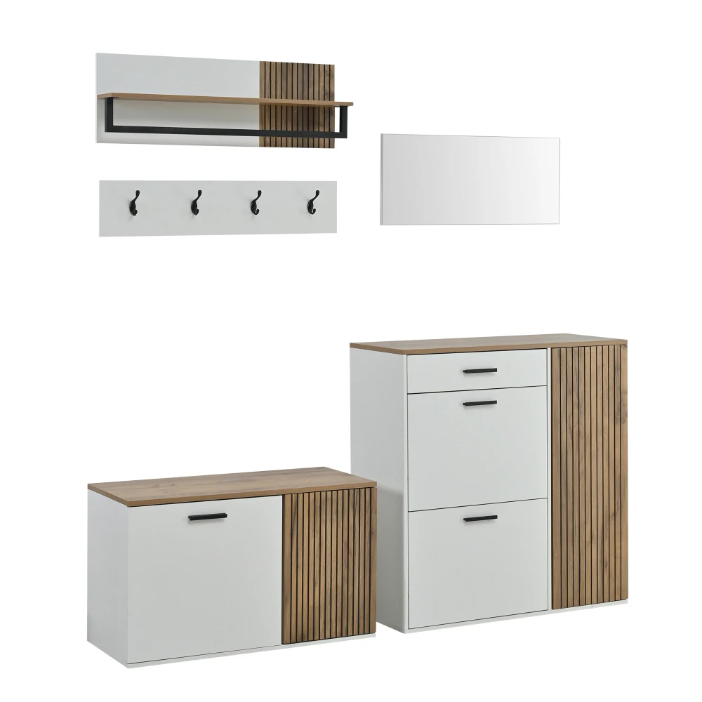 PINGGO 5-teiliges Eingangsbereich-Schuhregal-Set mit Schuhbank, Spiegel, Hängetasche und 4 Haken für Flur und Wohnzimmer – Detail 11