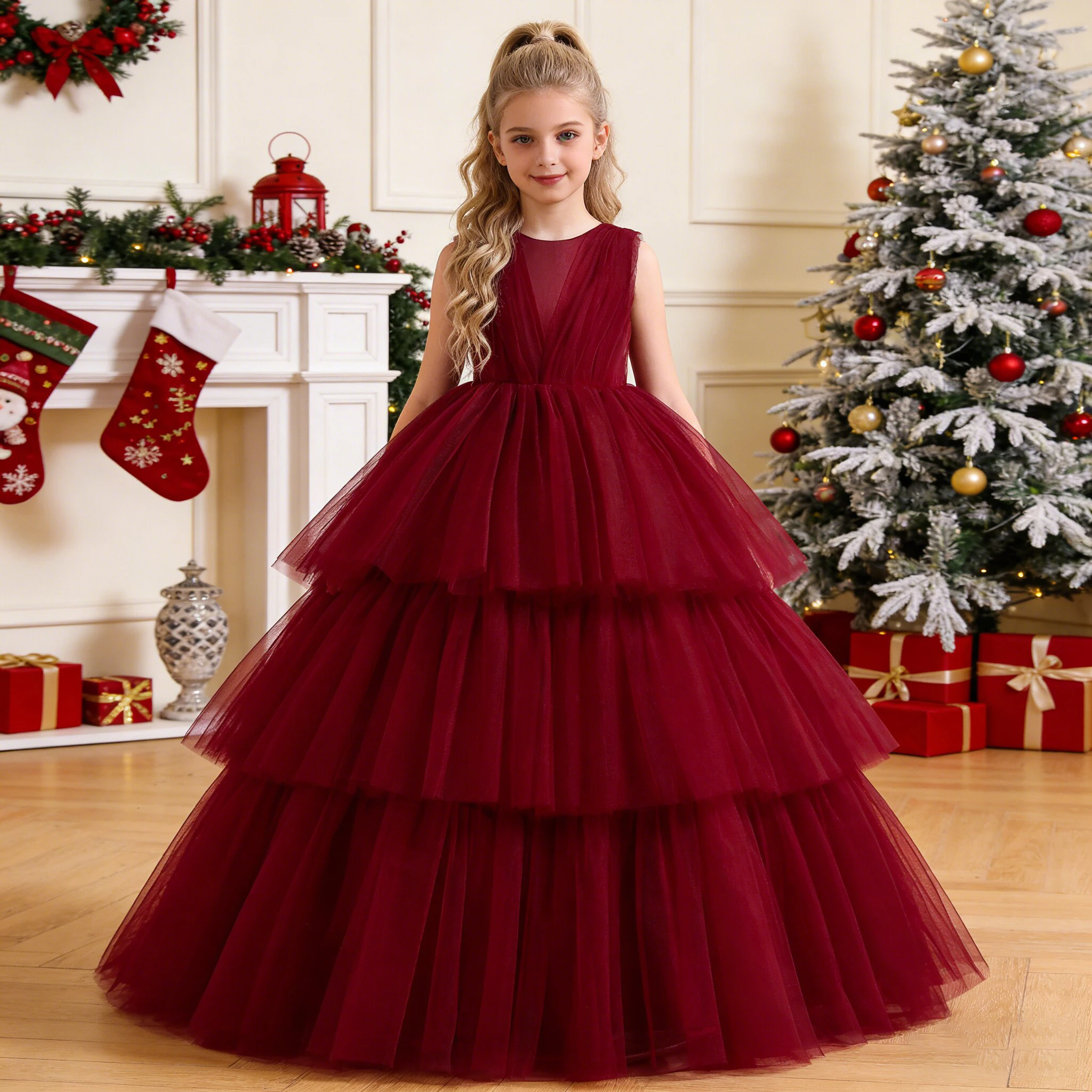Elegante Brautjungfern Party Mädchen Kleid Weihnachtskostüm Schleife Erstkommunion Prinzessin Kleider für Mädchen Geburtstag Abend Abendkleid