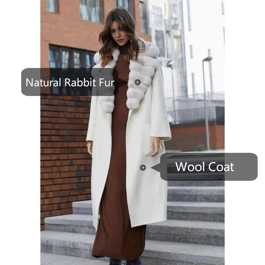 Cappotti di lana da donna Cappotto di vero cashmere con colletto di coniglio Cappotti lunghi bianchi da donna Nuovo arrivo