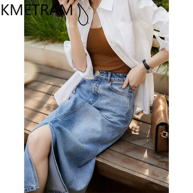

KMETRAM 100% Cotton Denim Midi Skirts for Women High Waist Front Slit A-Line Skirt Casual Summer Skirts 2026 Woman Clothes юбка