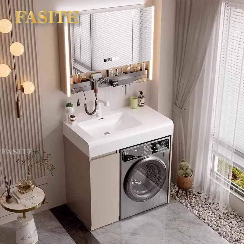 For Small Apartment Bathroom Balcony Laundry Cabinet with Integrated Basin Space Saving Washstand for Drum Washing Machine