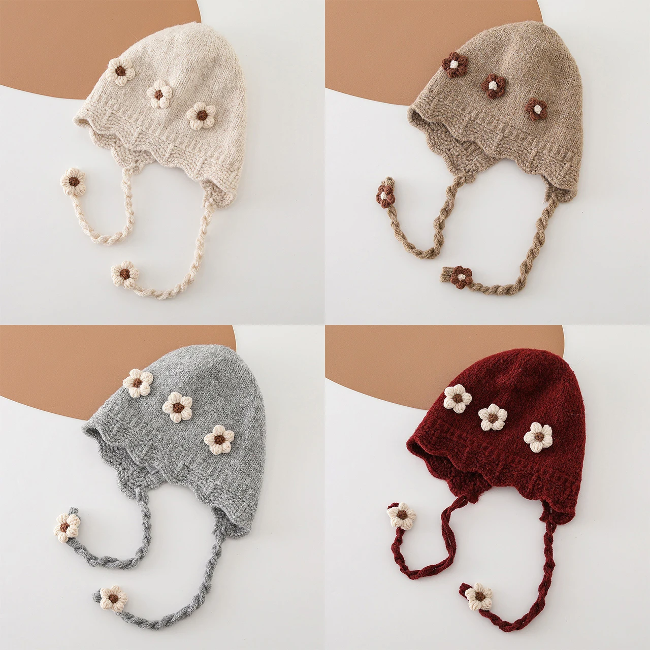 

Сплошная цветная детская шапка, осенне-зимняя вязаная цветочная ветрозащитная шапка с защитой ушей на шнуровке, милые шапочки для маленьких девочек, капот