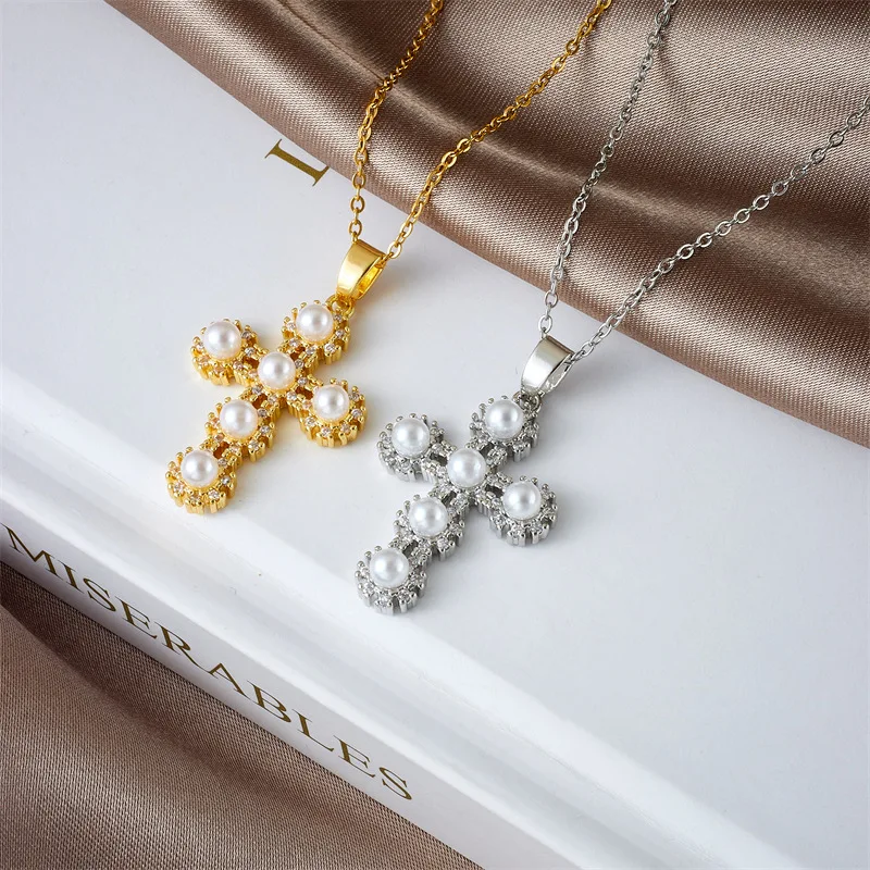 6pcs/set pearl shell inlaid zircon cross pendant for women's sexy style stainless steel plated 18k gold necklace