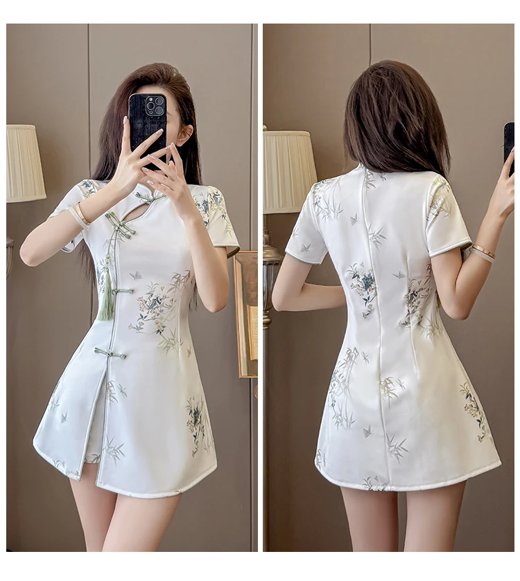New Chinese Style Improved Cheongsam Set with Print & Fringe Elegant High Quality Two-Piece Outfit with Standard Collar