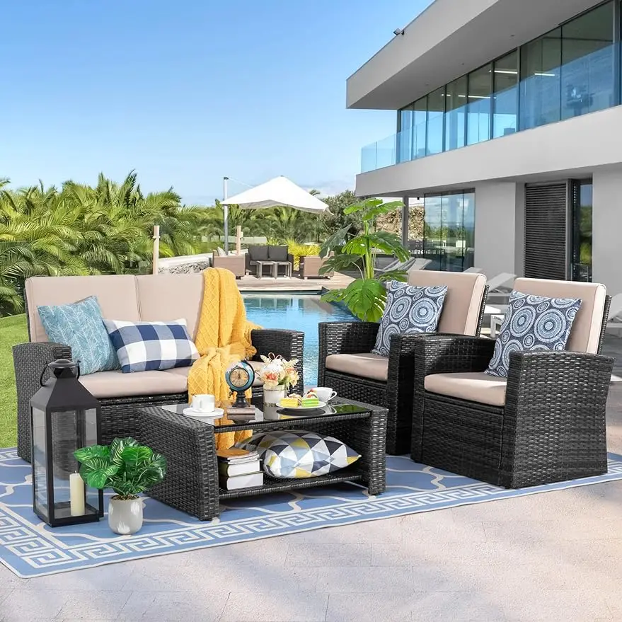 

4-Piece Outdoor Patio Furniture Set, Wicker Rattan Sectional Sofa Couch with Glass Coffee Table | Black/Brown