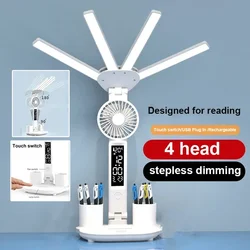 LED Desk Lamp with Fan Multifunction Table Lamp Night Light with Pen Holder Eye Protection Rechargeable Fans for Studying Lamp