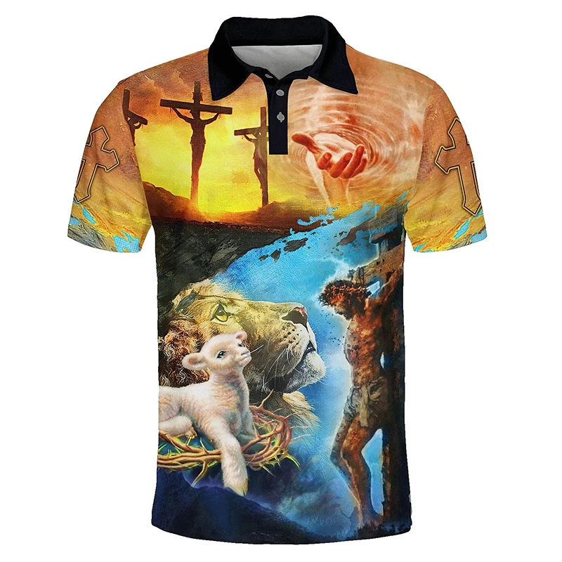 Men\'s Golf Polo Shirt 3d Print Easter Jesus Graphic Turndown Polo Shirts For Men Short Sleeves Button Down Casual Tee Tops