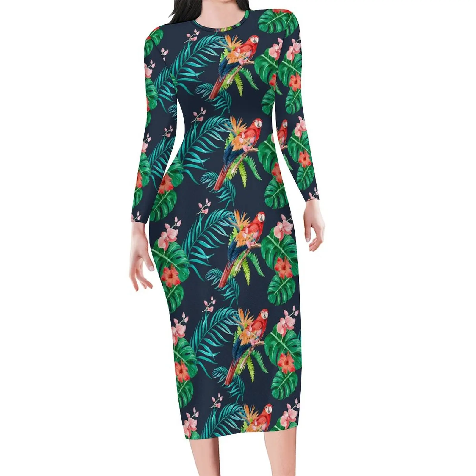 Tropical Floral Hibiscus Bodycon Dress Ladies Jungle Parrot Dresses Autumn Long Sleeve Streetwear Graphic Dress Big Size 4XL 5XL