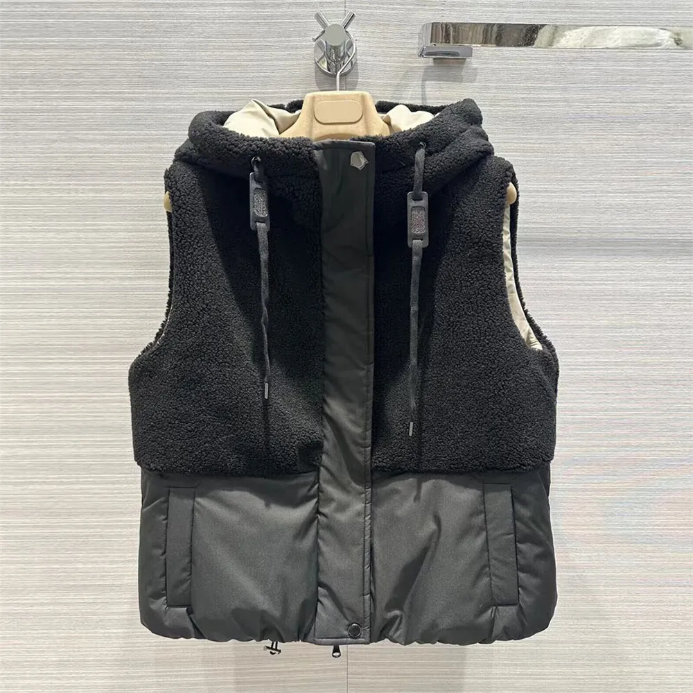 B*C New Hooded Beading Chain Goose Down Vest Women Winter Fashion Warm Wool Patchwork Zipper Sleeveless Vest