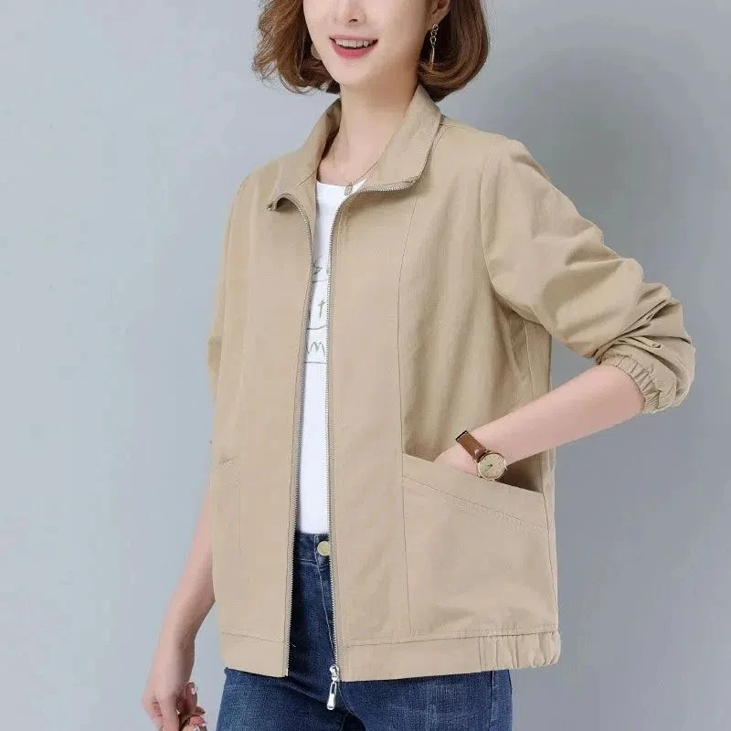

New Women's Windbreaker Coat Spring Autumn Casual Basic Zipper Jacket With Lining Ladies Short Windbreaker 4XL Khaki Tops