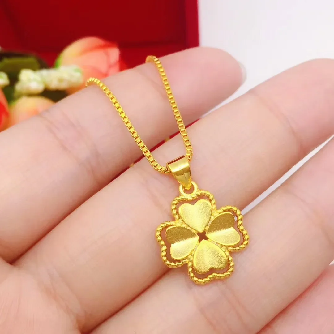 Real 18K Gold Color Lucky Clover Pendant Necklace for Women Men Fine Jewelry Genuine Solid Gold for Women Wedding Luxury Jewelry