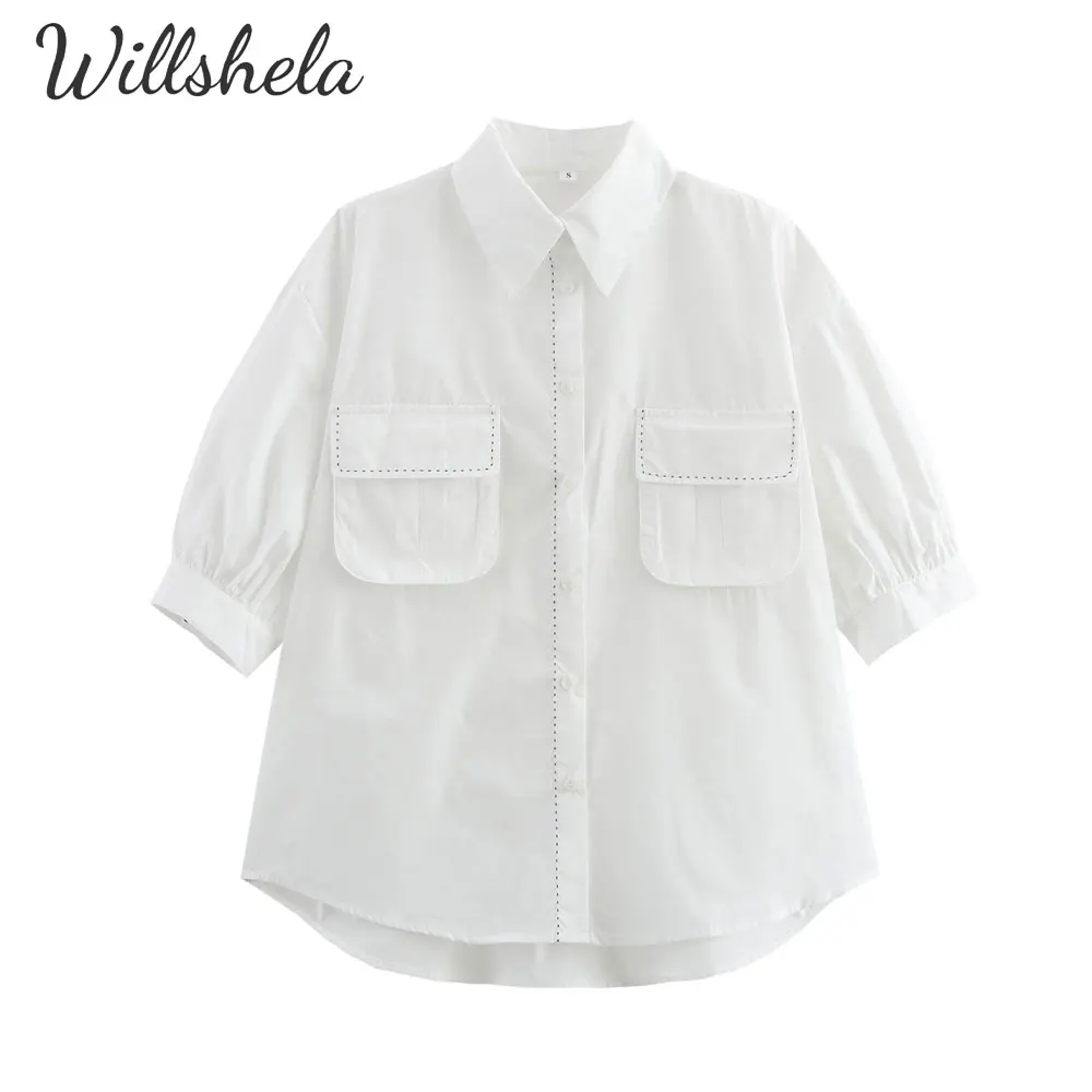 

Willshela Women Fashion White Shirt Short Sleeves Front Pocket Female Chic Lady Casual Mujer Tops Blouse