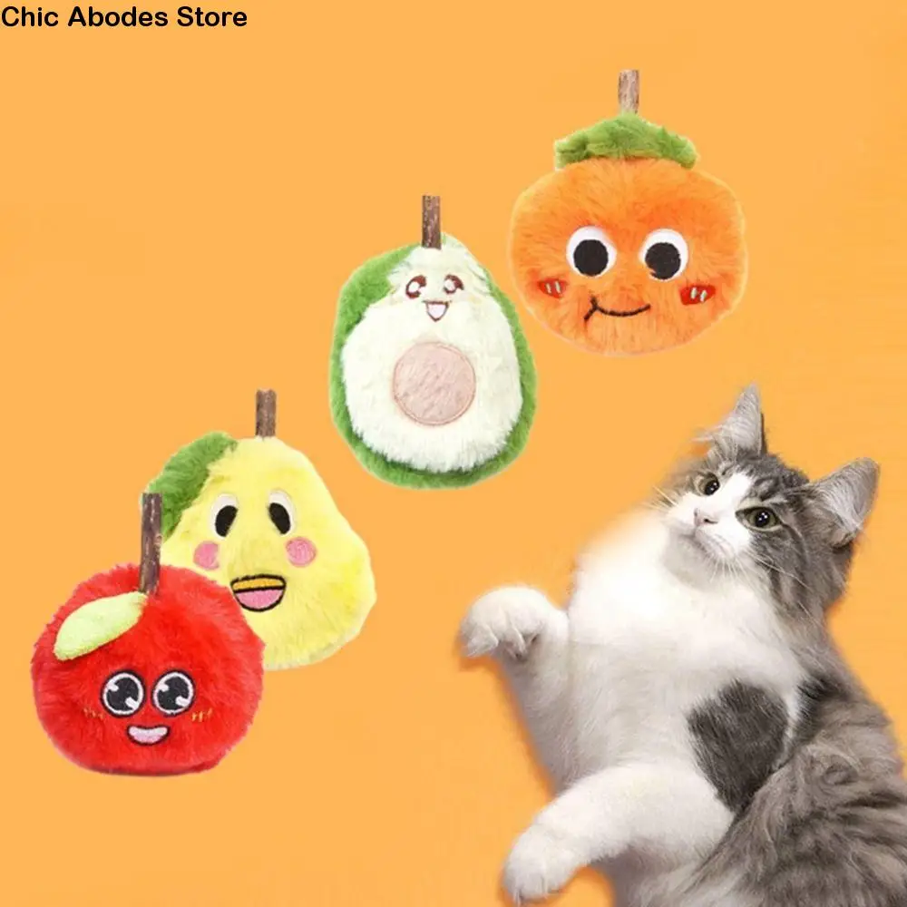 

4Pcs Cute Fruit Shape Cat Chewing Toy Bite Resistant Simulation Cat Teasing Toys Plush Teeth Grinding Toy Relieve Boredom