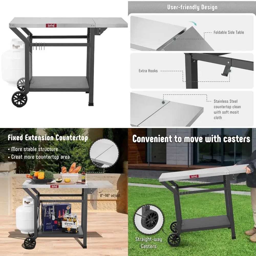 

Portable Folding Side Table Grill Cart with Pizza Oven Stand, Outdoor Indoor BBQ Prep Table, 40x20 Stainless Steel, Gray