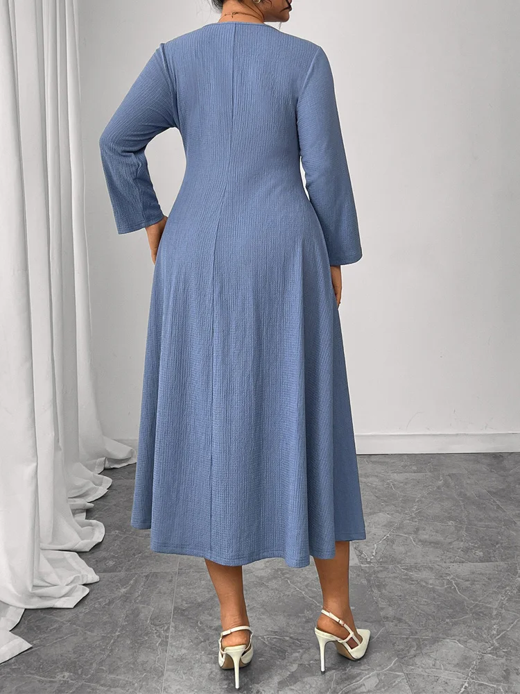 

2026 new elegant high waisted A-line street party casual long dress plus size solid color round neck long sleeved autumn dress
