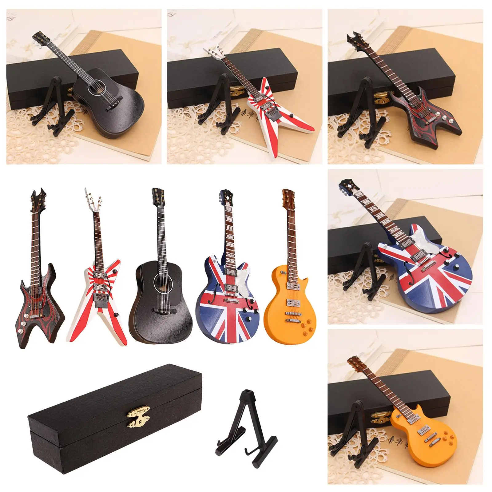 木製エレキギターモデル 1:6 家具ホーム風景ディスプレイスタンド装飾付き