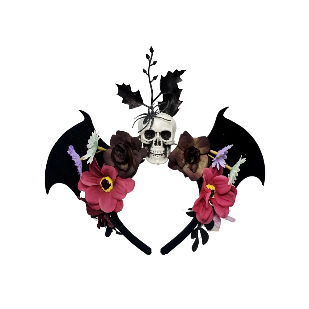 

Dark Skull Head Headband Simulation Flowers Bat Halloween Skull Headband Gothic Headdress Day of The Dead Headband
