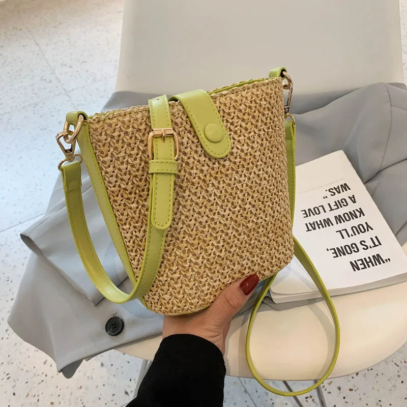 

2025 Straw Bucket Bag for Women: Adjustable Crossbody Purse, Summer Beach Bag with Top Handle