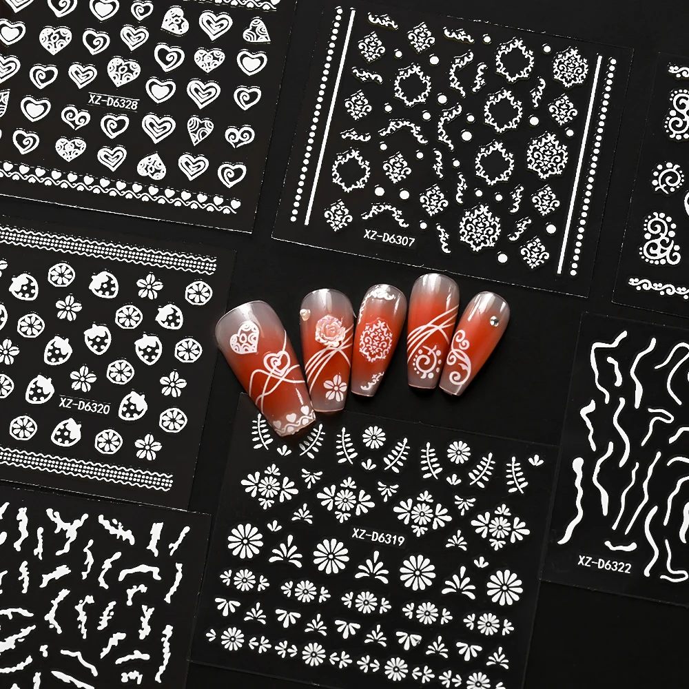 30 個 3D ホワイトフレンチフラワーリーフネイルステッカー愛、スター、幾何学ライン自己粘着ネイルデカールレトロウェディング DIY スライダー &
