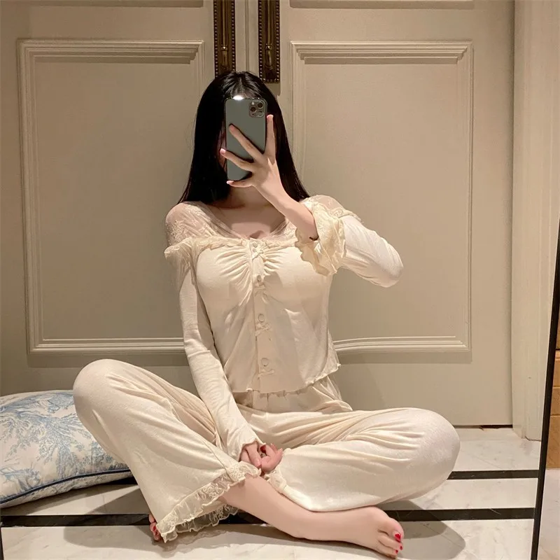 Pajama Women's Spring And Autumn Lace Princess Long Sleeved New Modal French Sweet With Chest Cushion Home Suit Set V-neck Night