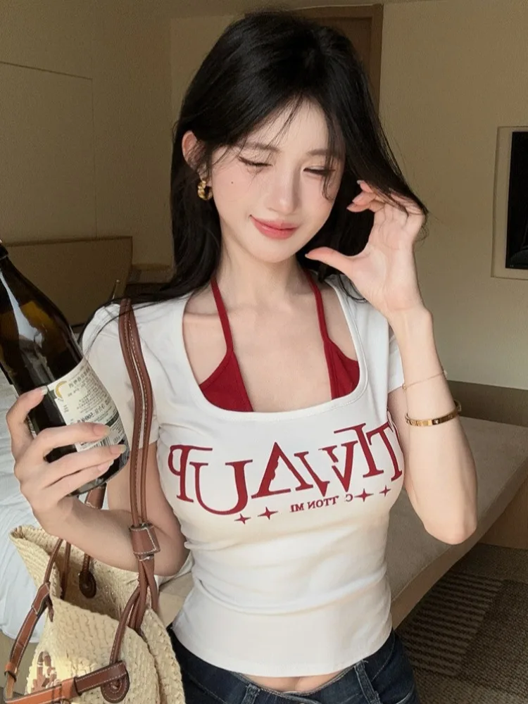 

American Style Hot Girl Versatile Slim Fit Letter Print Short Sleeve T-Shirt Women Summer New Style Fake Two-Piece Hanging Ne...