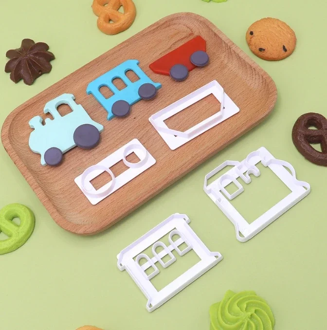 Fondant Cake Decorating Cookie Embosser Mold Cartoon Car Tractor Train Shaped Biscuit Pastry Stamp Hand Press For Baking Tools