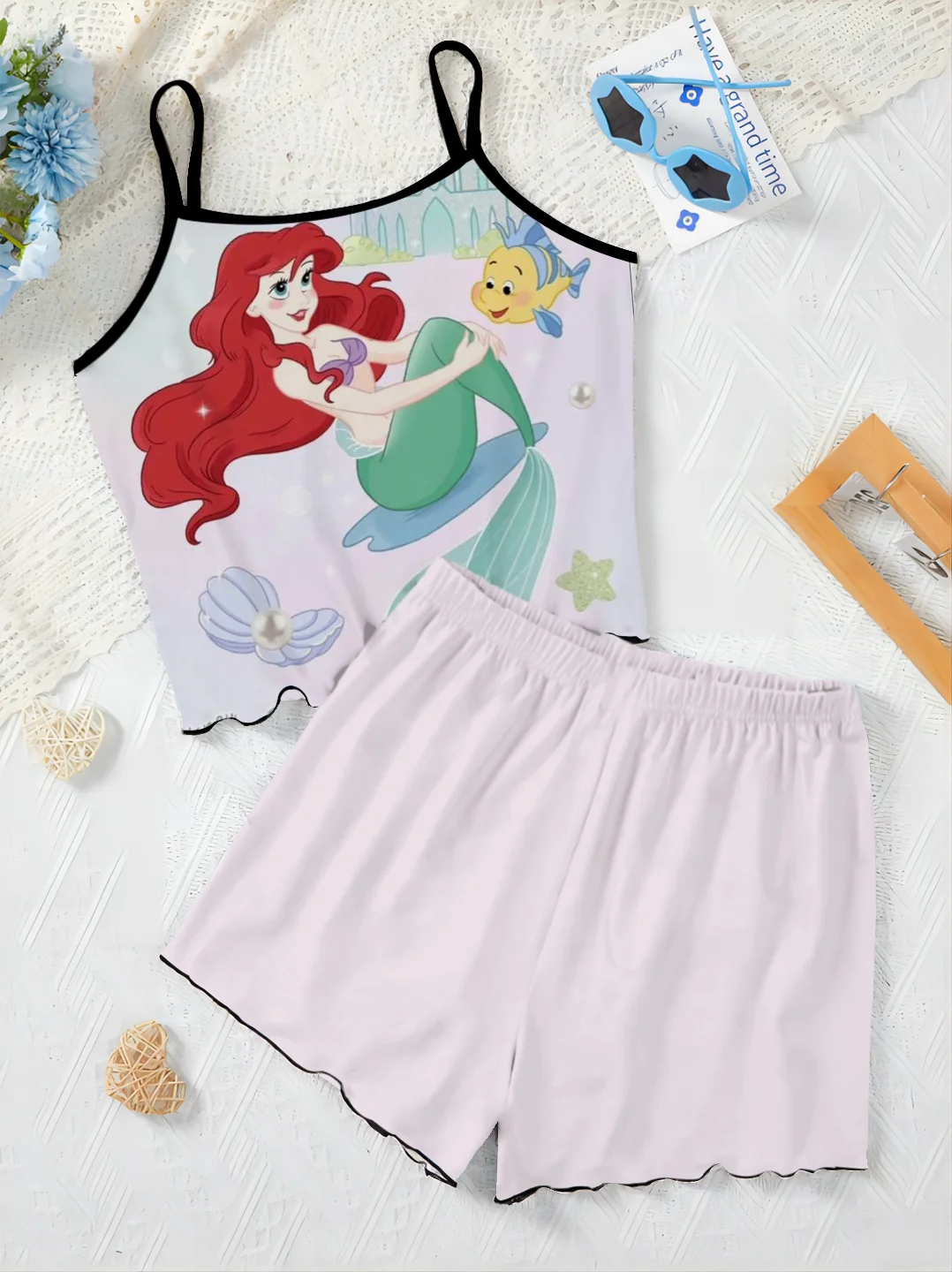 

Mermaid Women's Suit Short Sets Top Lettuce Trim Slip Dress T-shirt Disney New Two Piece Set Pajama Skirt Pieces Elegant Pants