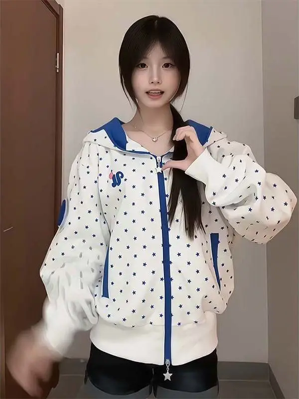 Thickened Hooded Jacket College Style Contrast Color Printed Star Autumn Winter Women's Short Outerwear Magic Tape Dopaamine ...
