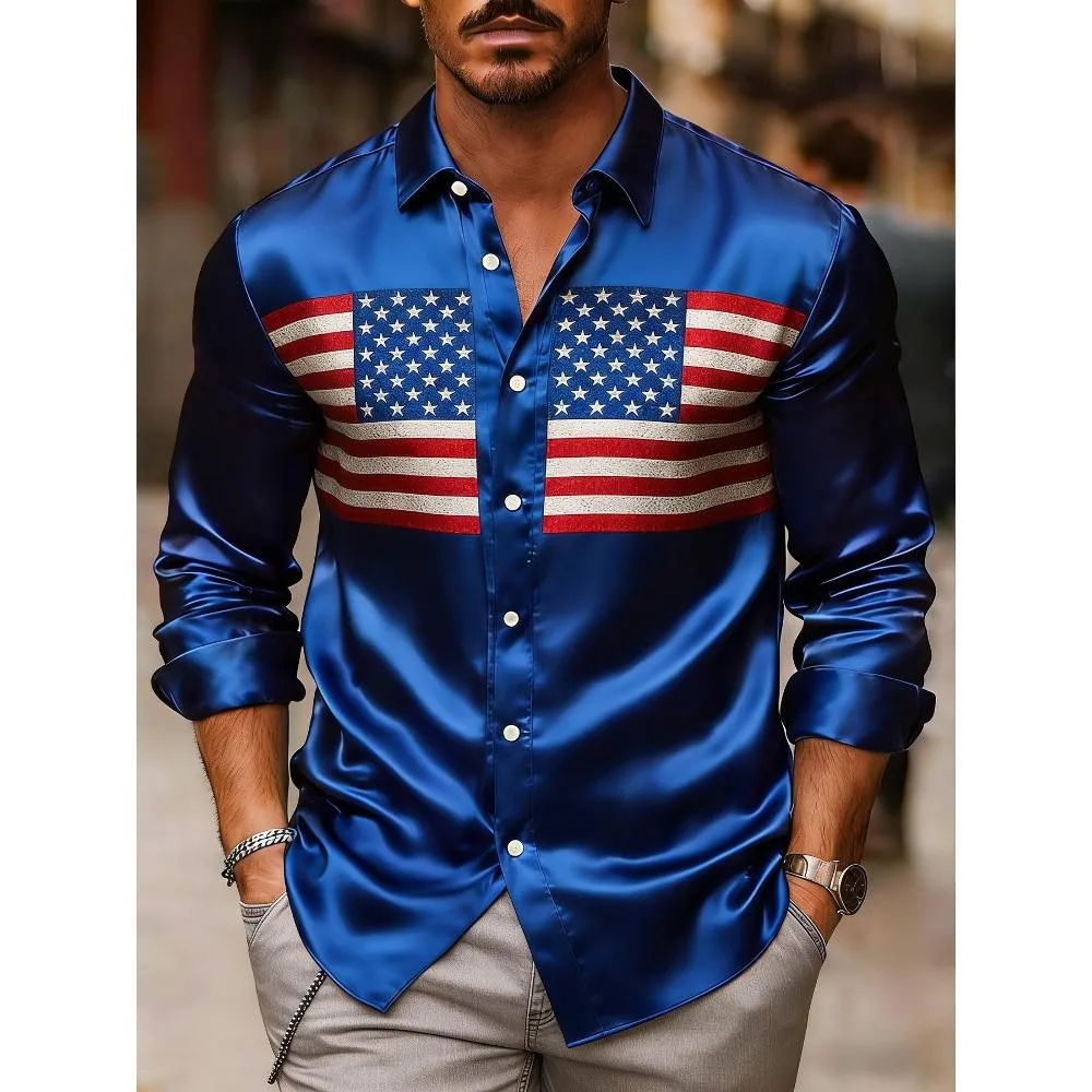 Men's satin long sleeved shirt with American flag design 3D printed pattern suitable for business streets, outdoor leisure shirt