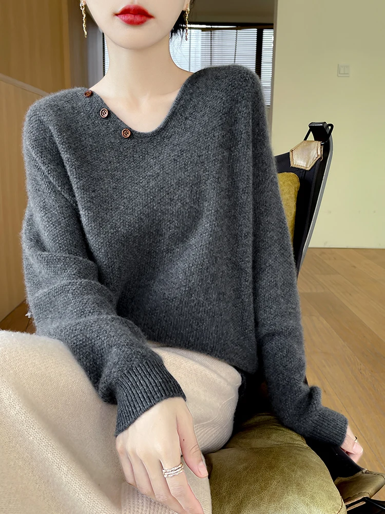 

100% Merino Wool Knitwear New Chic Women's V-neck Pullover Sweater Autumn Winter Loose Grace Style Pure Wool Sweater Female Top