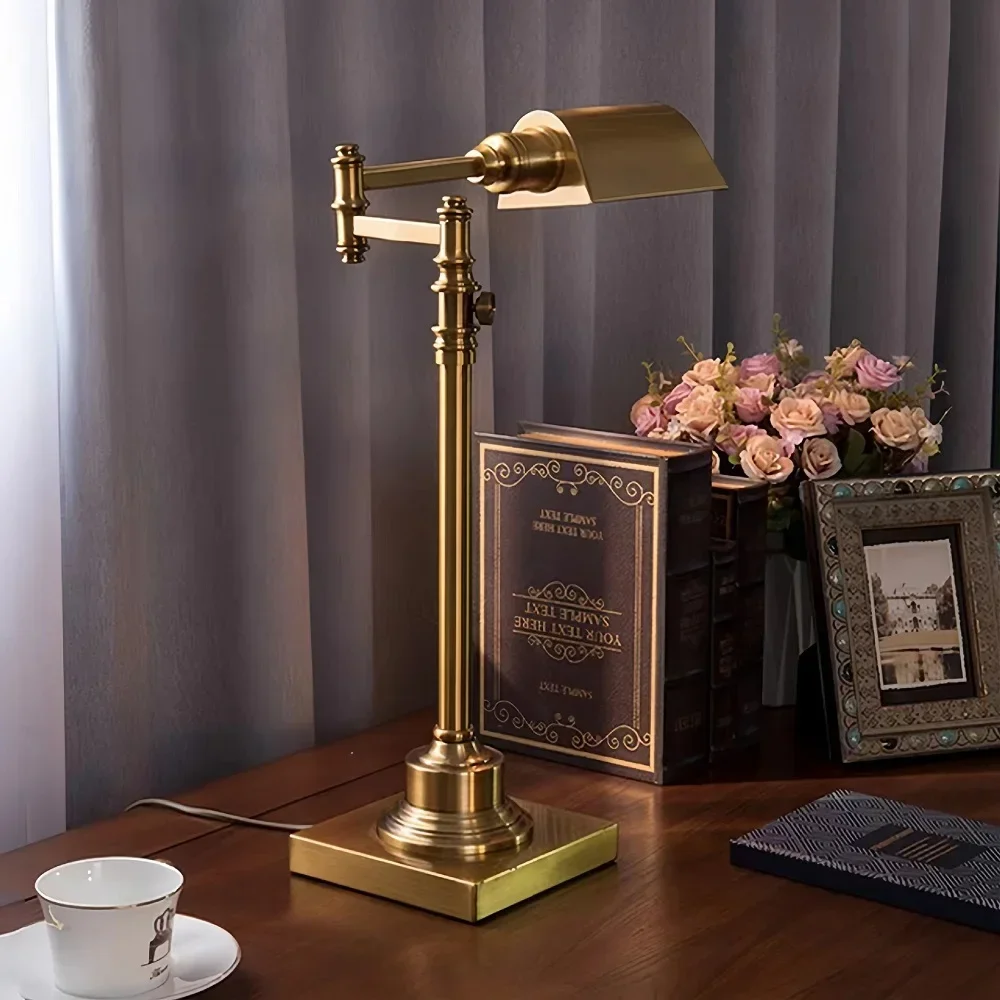 American Retro Table Lamp Copper Study Desk Decorative Lamp Work Metal European Long Arm Eye Protection Bedroom Bedside Lamp LED