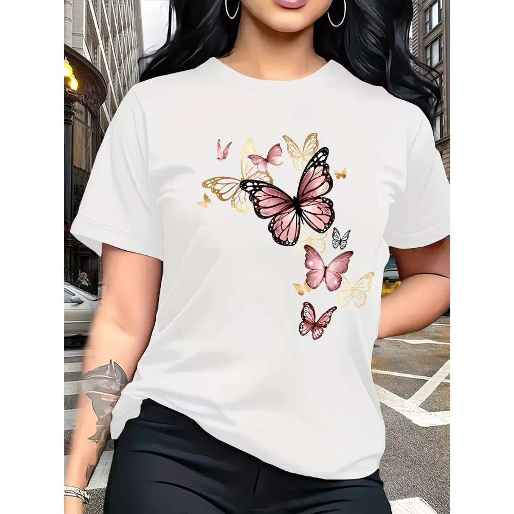 Butterfly T Shirt Women Summer Pink Gold Graphic Tees Retro Aesthetic Loose Tops Men Short Sleeve O-Neck Clothing Streetwear Y2K