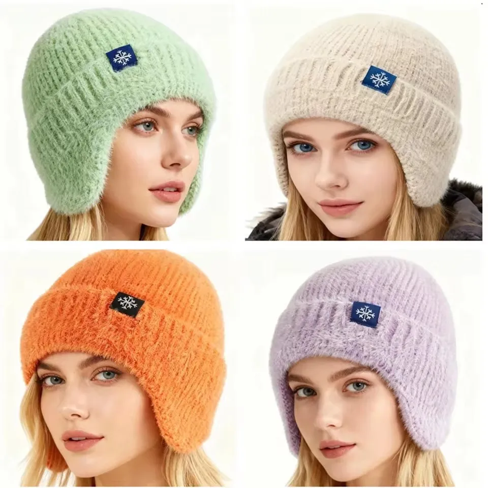 1pc Women Earflap Winter Hat Candy Colors Fashion Faux Fur Knitted Hat Kpop Style Soft Beanie Hats Female Streetwear Cap