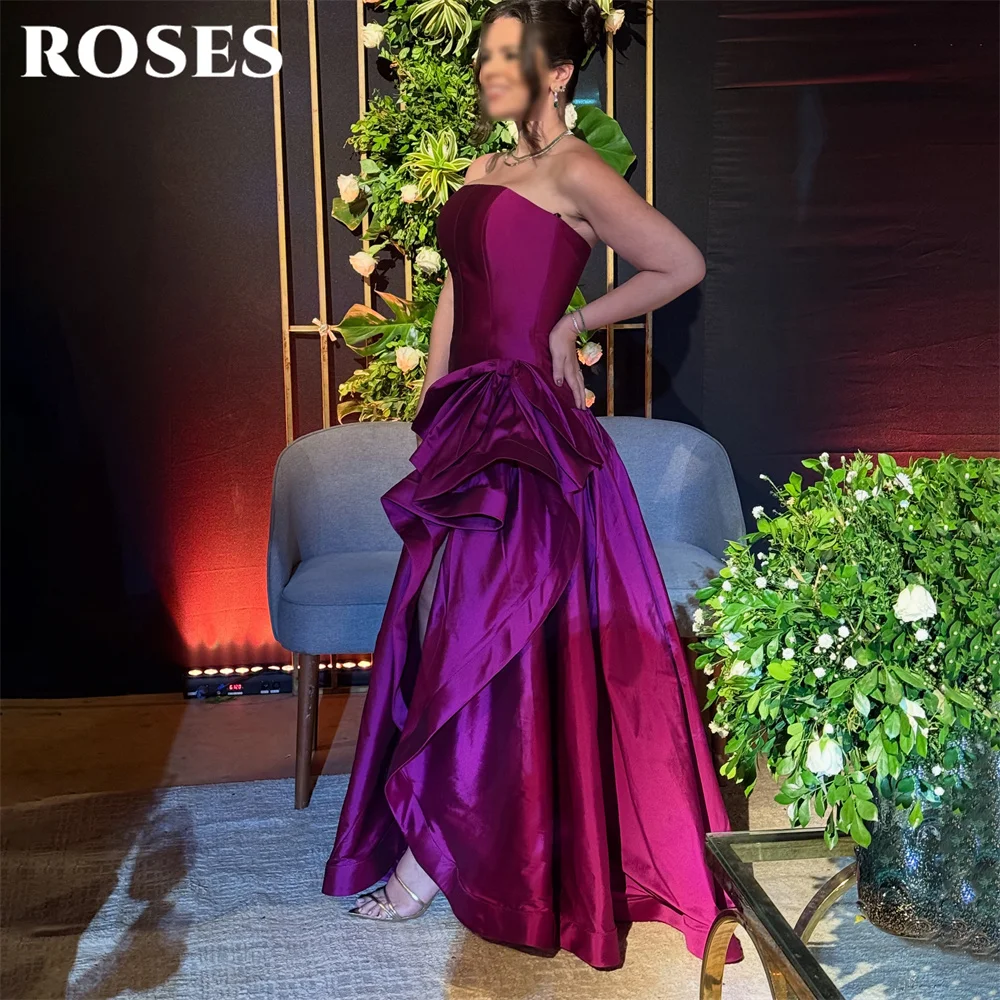 ROSES Purple Evening Dress Strapless Sleeveless Formal Gown High Low Night Dresses with Bow Prom Dress Floor Length Customized