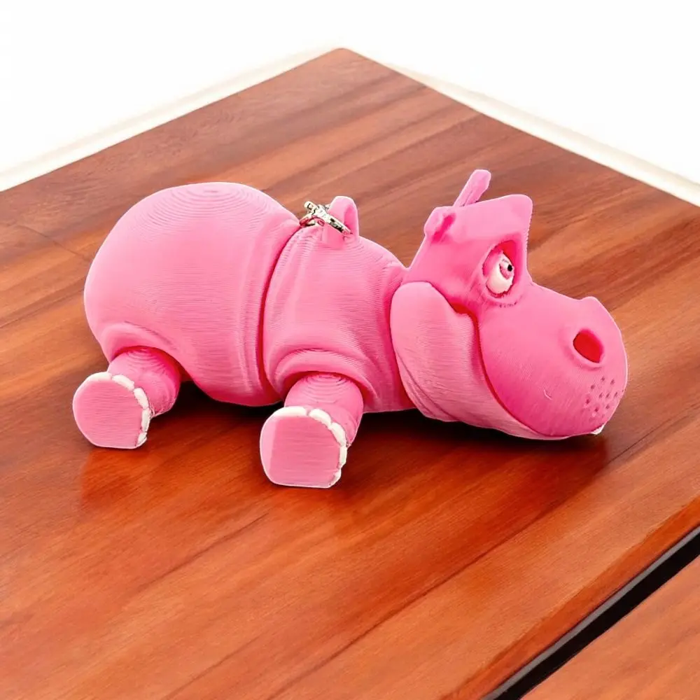 LLavero de hipopótamo rosa PLA, figura de animales impresa en 3D multiarticulación móvil, modelo artesanal de animales
