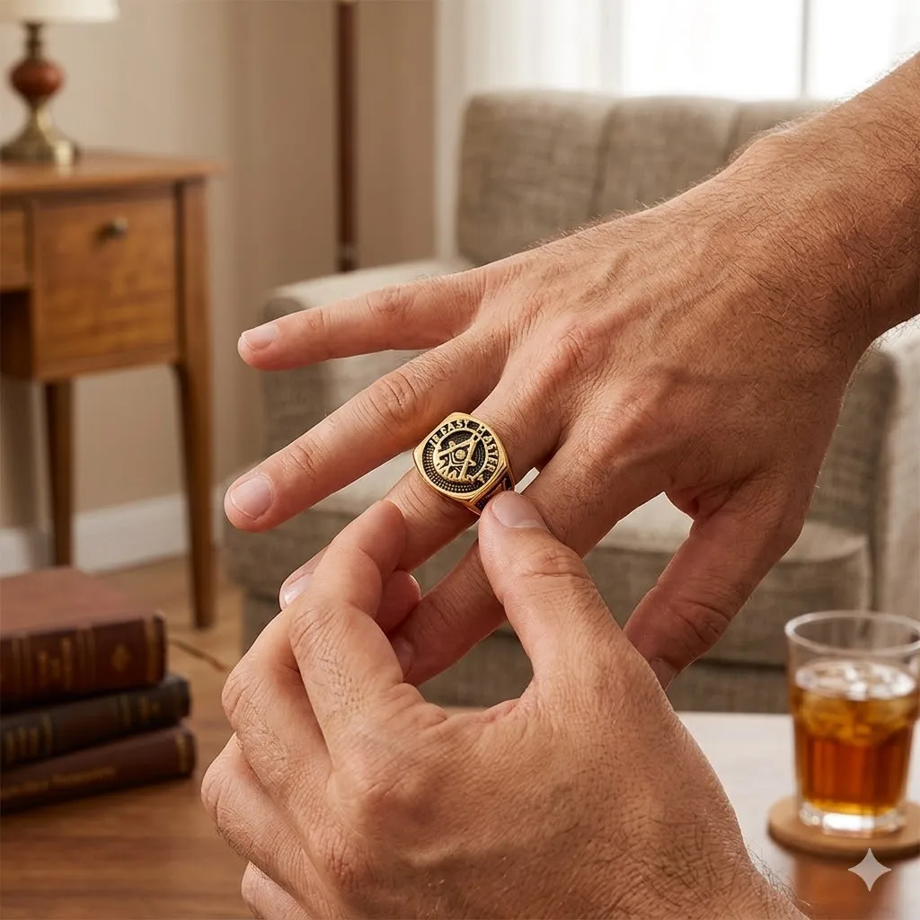 Men Stainless Steel Freemason Past Master Ring 18K Gold Plated Masonic Square Compass Signet Ring Gothic Punk Biker Jewelry