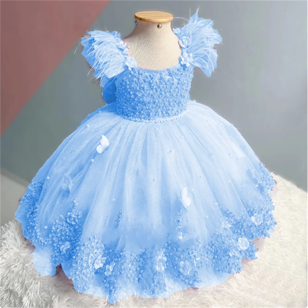 3D Butterfly luxury Feather Flower Girl Dress Wedding Pink With Pearls Bow Puffy Tulle Birthday Party Baptism Communion Gown