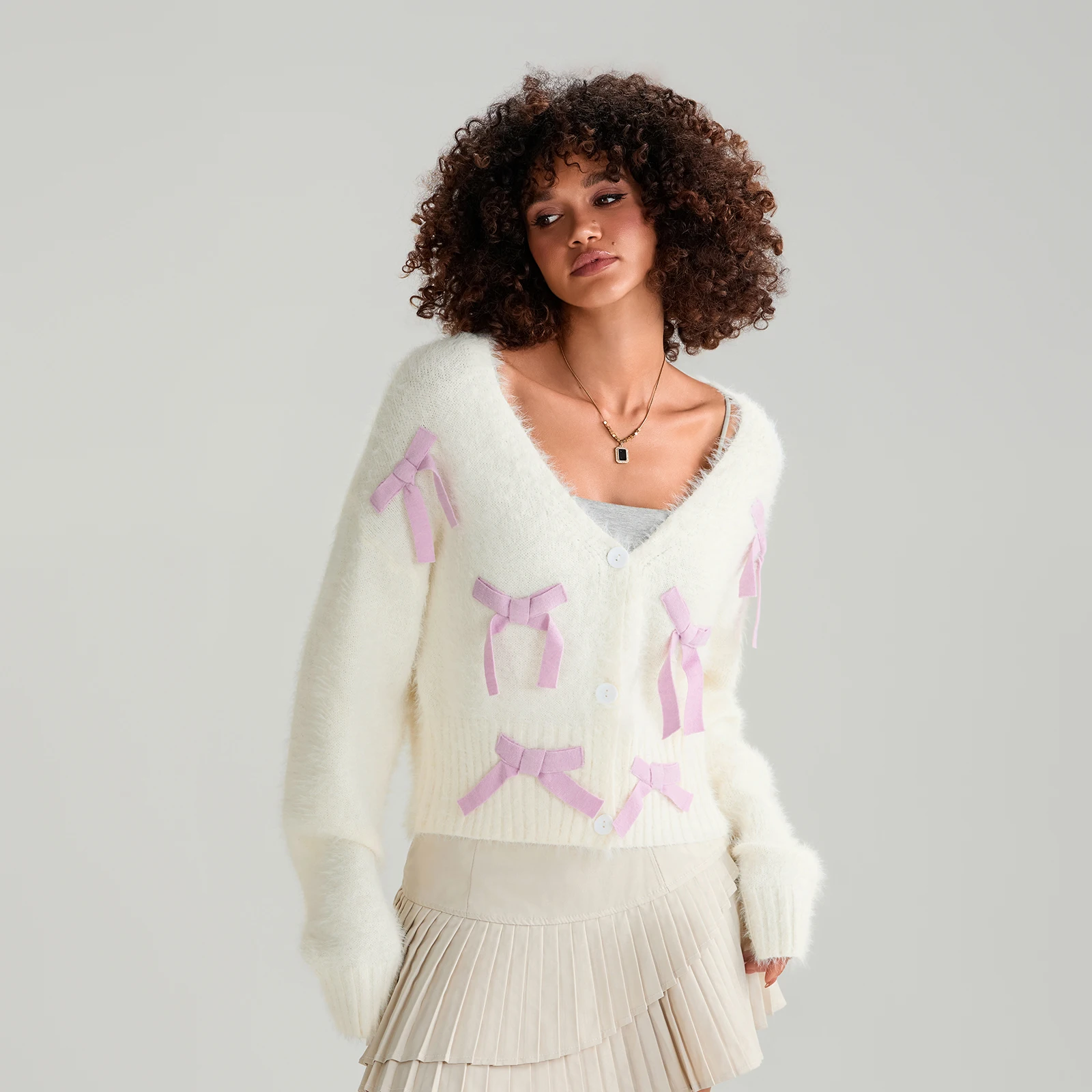 

Women's Solid Color Button Down Knit Cardigan 3D Bow Long Sleeve V-Neck Loose Spring Sweet Cropped Sweater