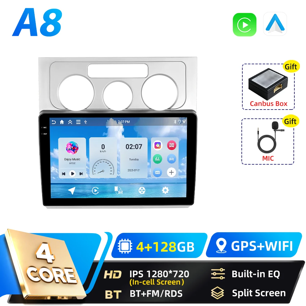 Podofo 8+128G 2din Android autoradio voor Volkswagen Touran 2006-2008 met Carplay, FM, GPS navigatie, DSP, Android Auto, RDS en BT