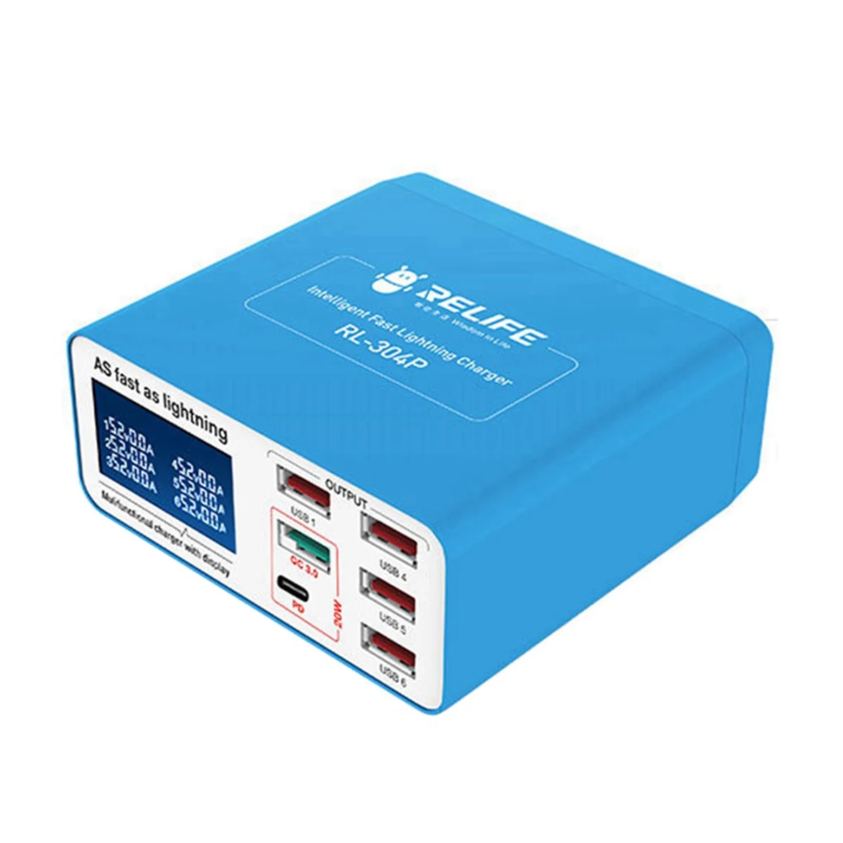 RELIFE RL-304P Smart 6-Port USB Digital Display Lightning-Pattern Charger PD3.0+QC3.0 for All Mobile Phones and Tablet US Plug